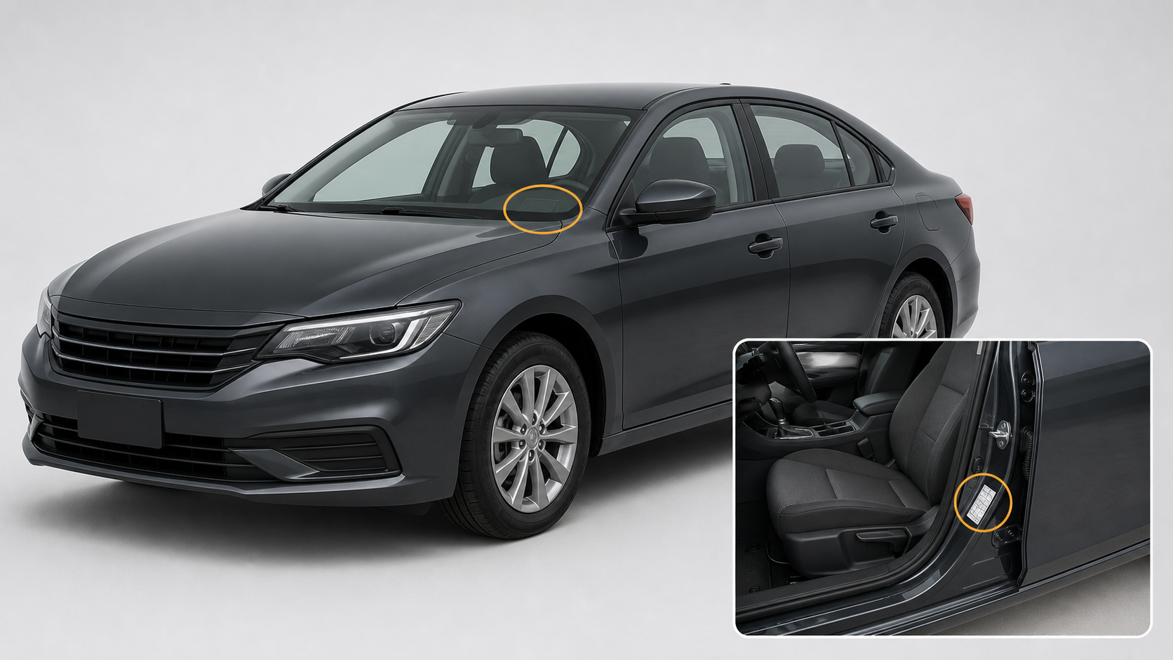 Unbranded sedan with the lower windshield VIN plate and driver-door-jamb label highlighted